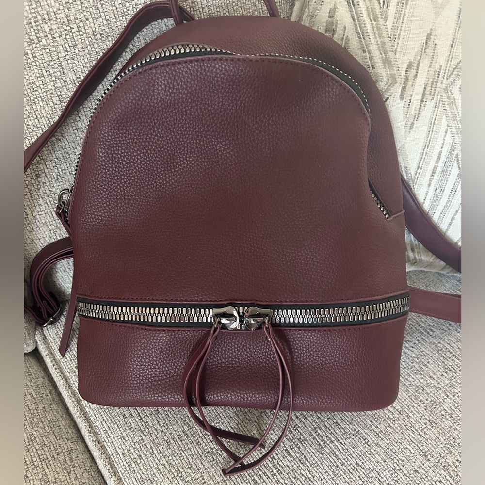 Burgundy Faux Pebble Leather Backpack from Paris with Zipper Details